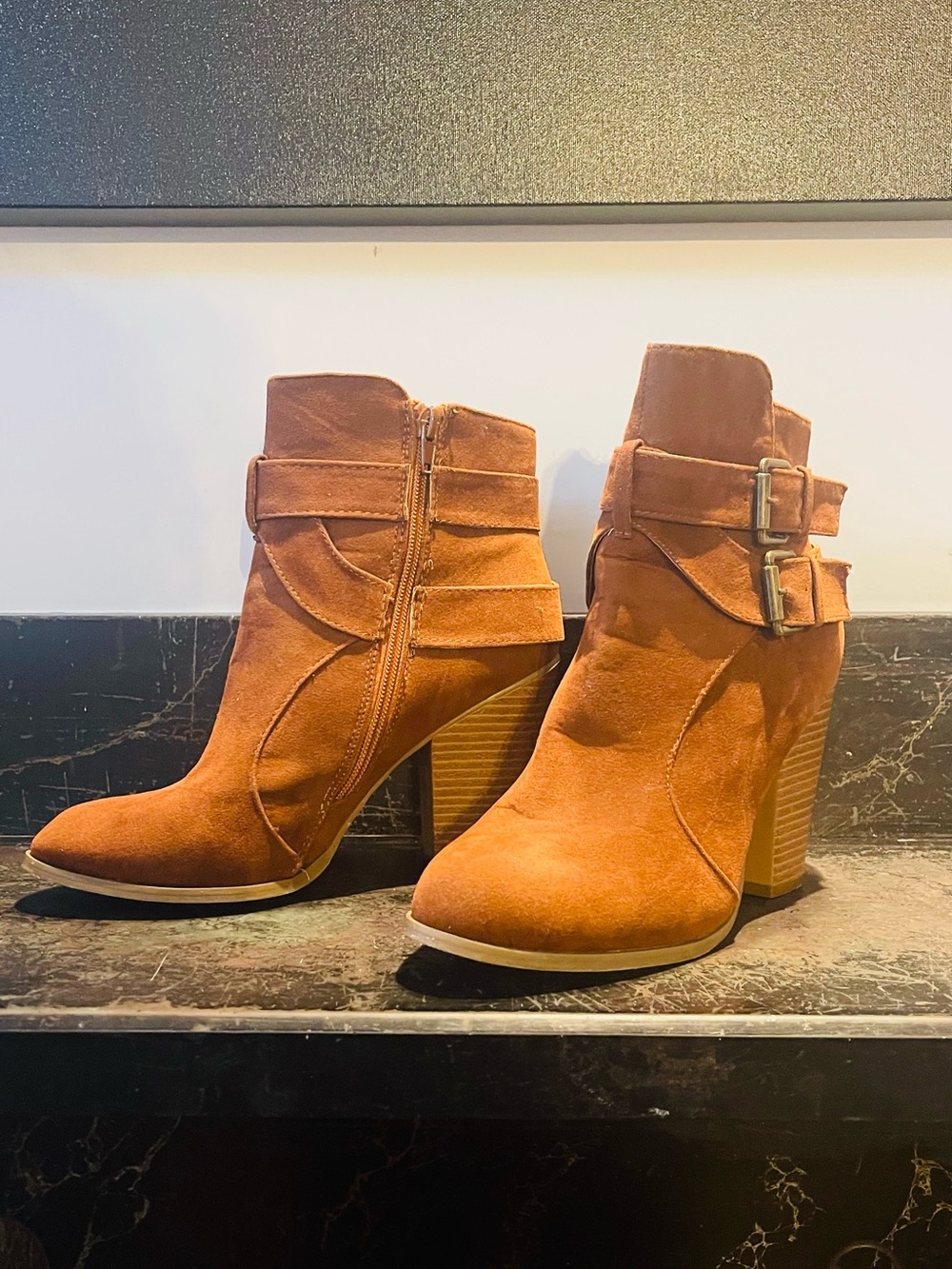 Chase + Chloe Cognac Suede Buckle Ankle Boots